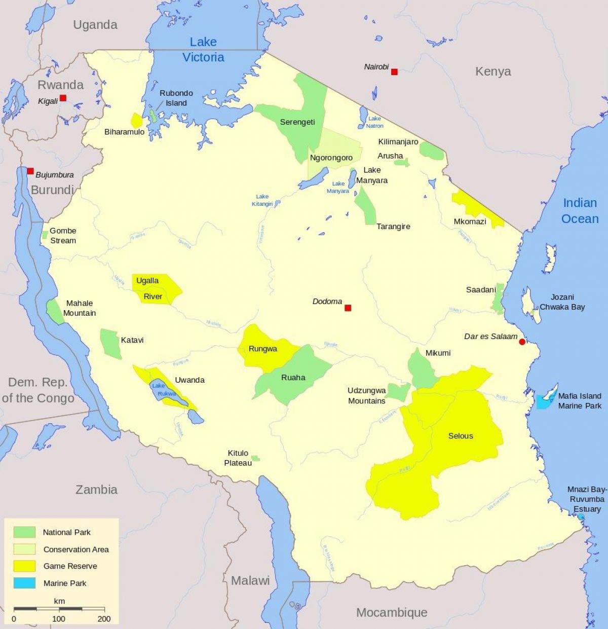 mapa de tanzania parques nacionais e reservas de caza