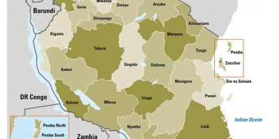 Mapa de tanzania mostrando rexións