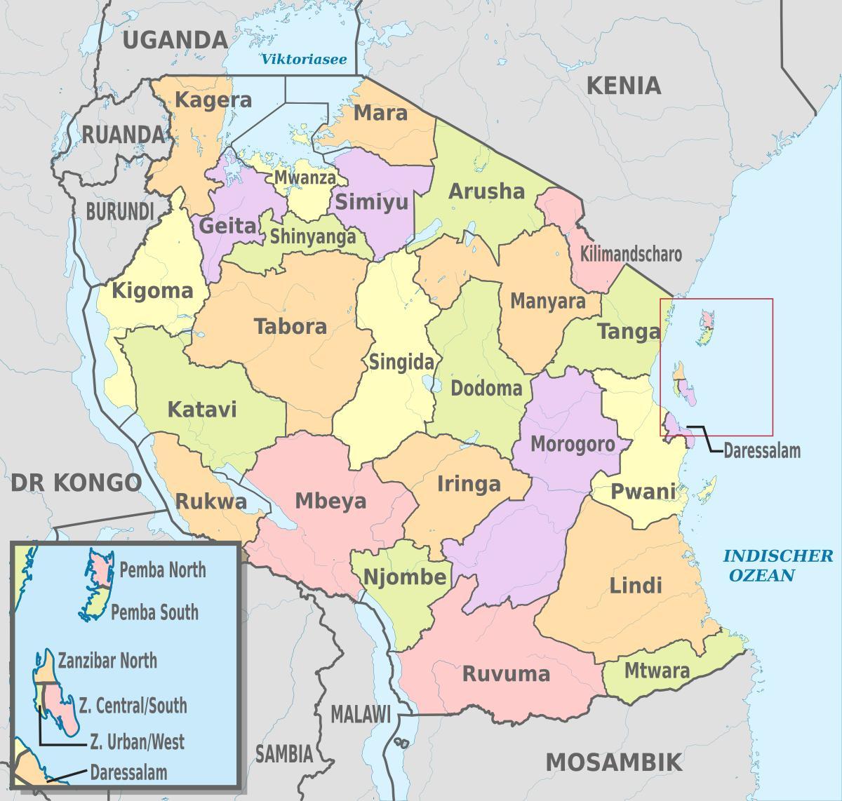 mapa de tanzania mostrando rexións e provincias