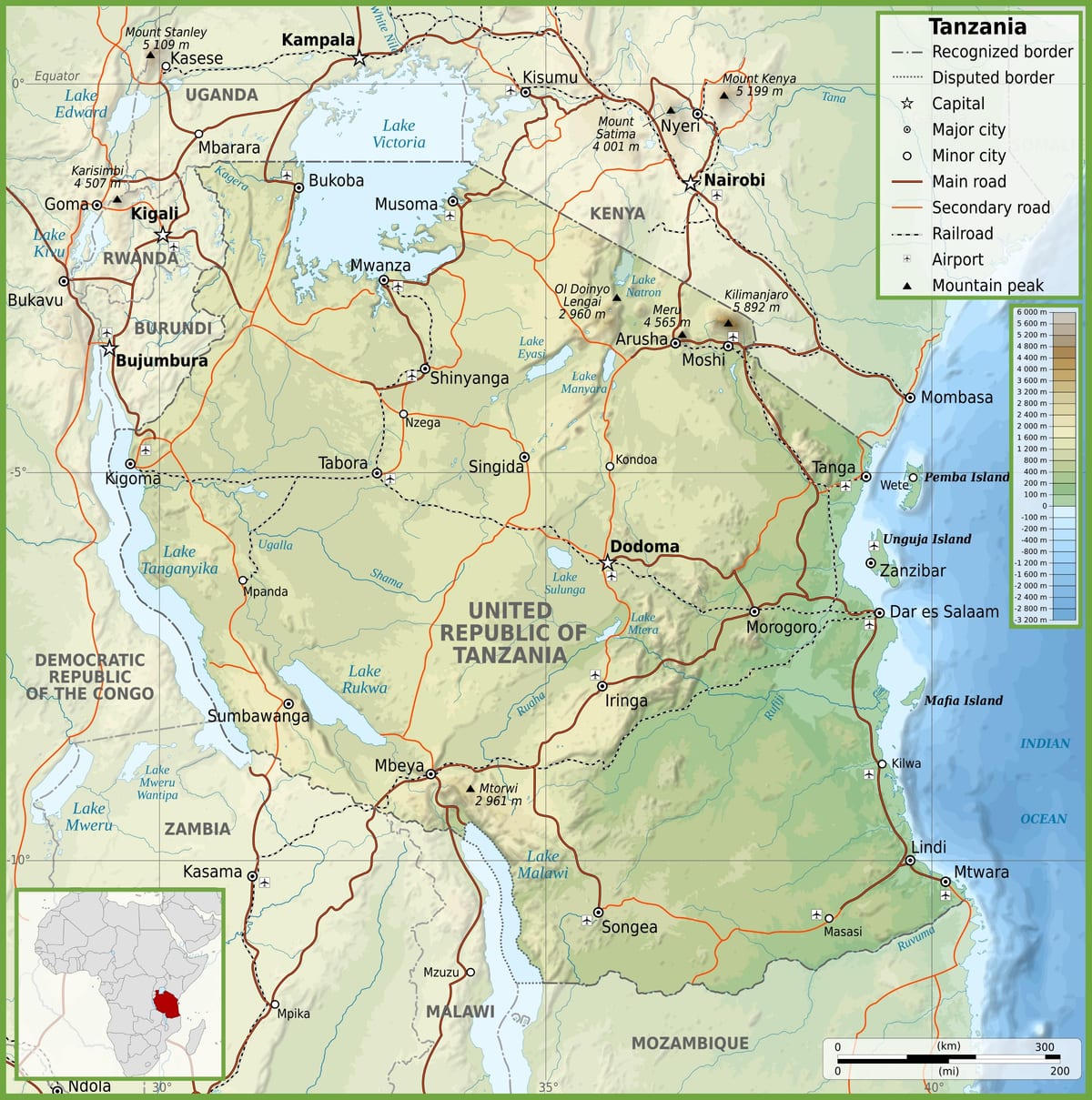 Mapa de estrada tanzania con distancias