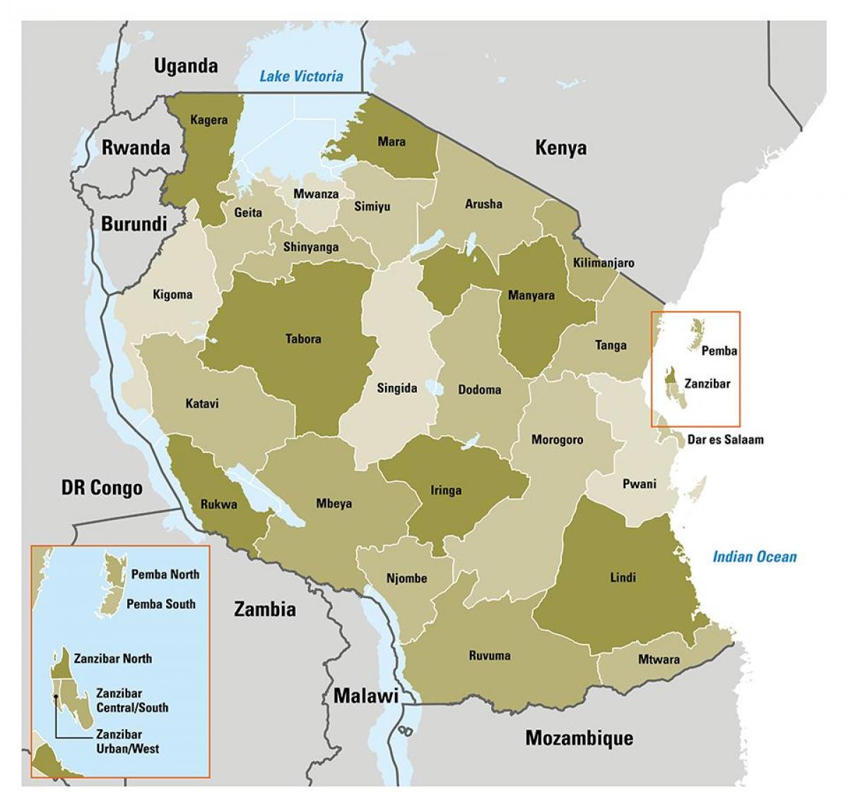 mapa de tanzania mostrando rexións