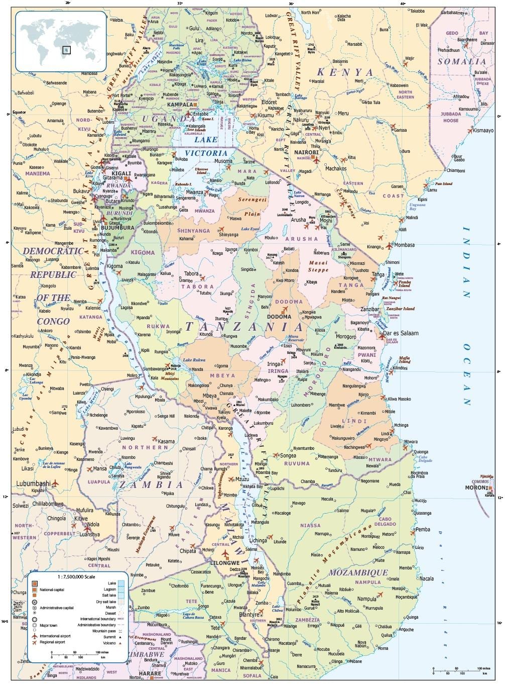 mapa de tanzania e os países veciños