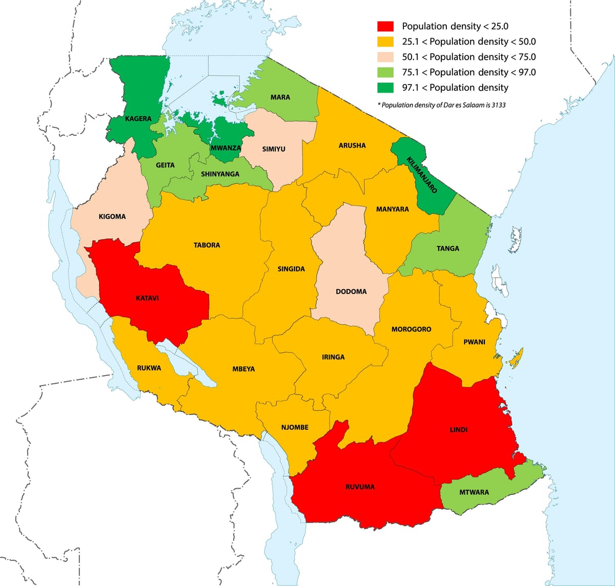 tanzania densidade de poboación mapa
