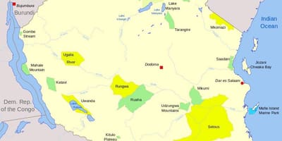 Mapa de tanzania parques nacionais e reservas de caza