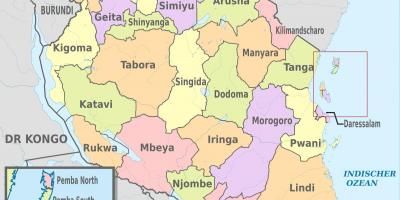 Tanzania mapa con novos rexións